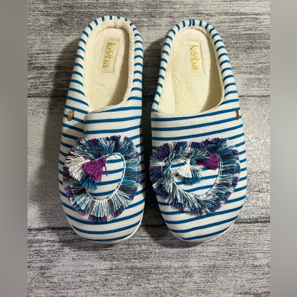 kooba Women’s Faux Fur Memory Foam Fringe Slippers Striped Blue White